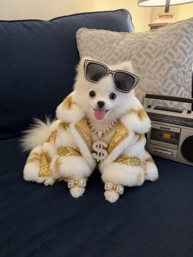 The Pomeranian as a rap star in a gold jacket, diamond chain, and rhinestone sunglasses
