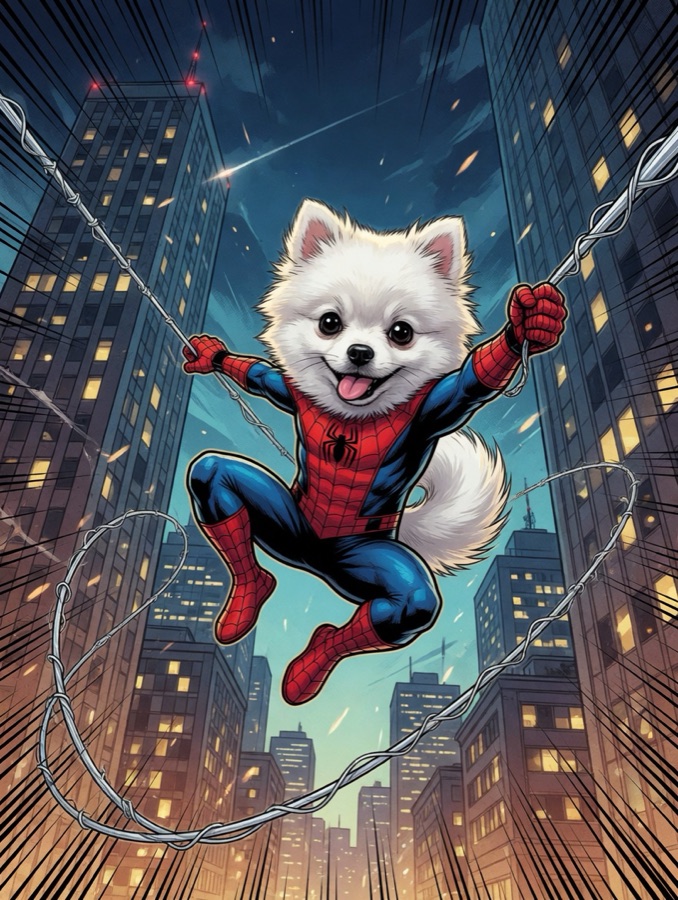 The same Pomeranian drawn as a comic-book superhero swinging between city skyscrapers